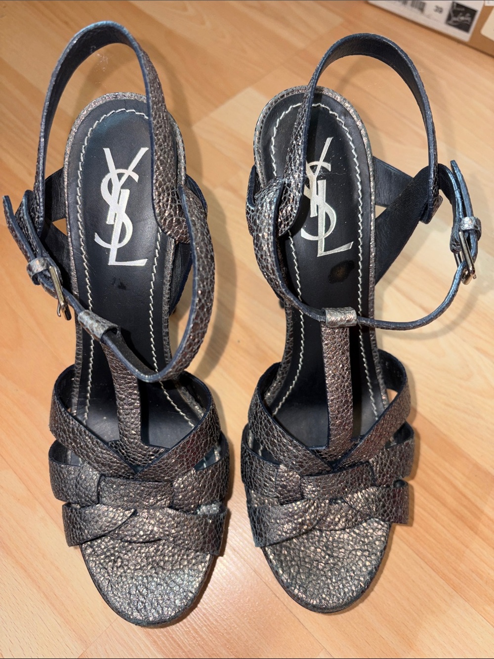 Saint Laurent Metallic Pewter Strappy Leather Heels